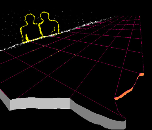 MS Paint image. On the black backround to the left of the viewer there are two blurry men figures with nothing but yellow outlines. Men are standing close to each other - shoulder to shoulder. The man on the right has his arms crossed. Behind them there are numerous white and grey dots that look like stars. Right in front of them some kind of a planar desk with black surface and intersecting purple lines that make up rectangulars. All objects seem to float in Outer Space.   