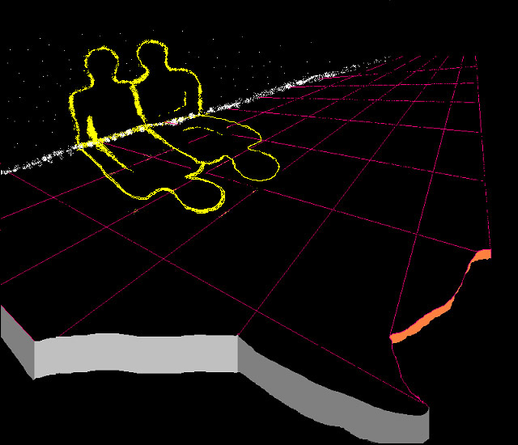 MS Paint image. On the black backround to the left of the viewer there are two blurry men figures with nothing but yellow outlines. Men are standing close to each other - shoulder to shoulder. The man on the right has his arms crossed. Behind them there are numerous white and grey dots that look like stars. Right in front of them some kind of a planar desk with black surface and intersecting purple lines that make up rectangulars. Silhouettes of men are reflected on the surface of the desk. All objects seem to float in Outer Space.   