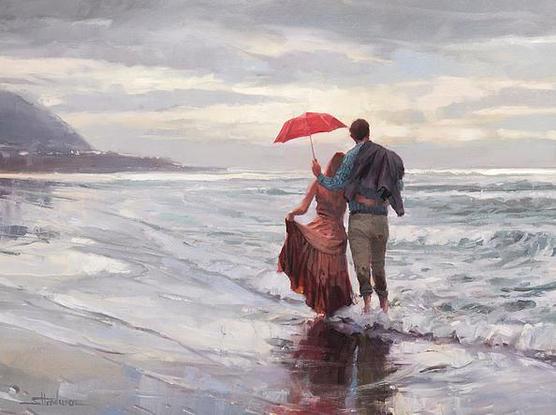Art print of an original oil painting depicting a couple standing arm in arm at the ocean.