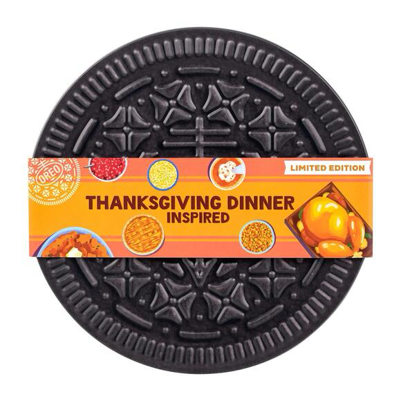 Photograph of tin of “thanksgiving dinner-inspired” Oreo cookies”