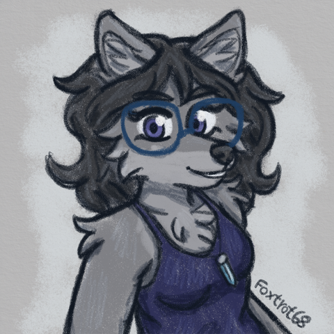 A rough sketch of Ashley, gray wolf. She's looking at the viewer with a smile. the sketch is colored lightly, the background has a different color to separate Ash from the background. our handle is handwritten on the bottom right.