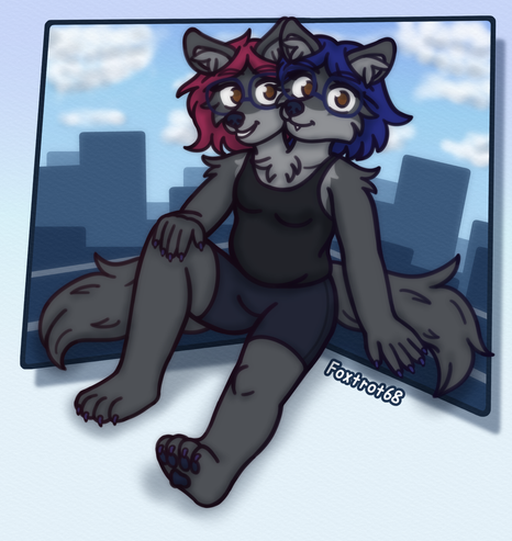 An illustration of Rose and Riley, conjoined wolf girls. They're sitting down with smiles on their faces. Riley's leg is extended and relaxed, Rose has hers raised and has her hand on her knee. Riley's hand is on the floor supporting her side. They have two tails and are wearing their own set of glasses. They're dressed in a black tank top and dark blue shorts. Behind them is a wrap-around abstract city background over a white blueish gradient background. our watermark "Foxtrot68" is visible to the right of Riley's leg at an angle.