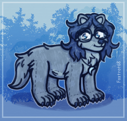 A sketch of Julia as a plush blueish gray wolf. She's standing and looking to the side with a smile on her face. She's wearing her usual glasses and half moon necklace. the background has some blue tree and bush silhouettes and a semi transparent white square framing the picture. our watermark is vertical on the right.