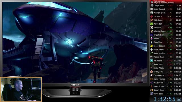 Ending scene of Metroid Dread on Switch 2, Samus entering her spaceship. The timer states the final time of 1:32:55h.