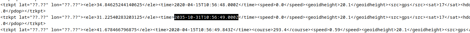 Pätkä gpx-tiedostosta. Kuvassa näkyy kolme riviä, joista ensimmäisen aikaleima on 2020-04-15T10:56:48.000Z, toisen 2035-10-31T10:56:49.000Z ja kolmannen 2020-04-15T10:56:49.844Z.
