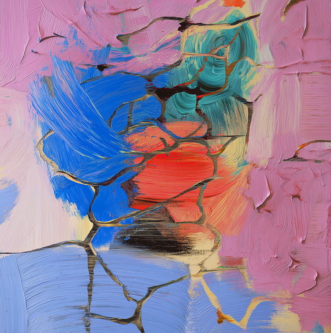 This piece radiates warmth and motion through thick, textured strokes of pink, blue, green, and red. The layered impasto technique gives the surface a cracked, almost geological texture—like colorful earth shifting and breathing. The central red and blue forms seem to collide and merge, evoking emotion and tension, while the surrounding pastels soften the energy with balance and calm.