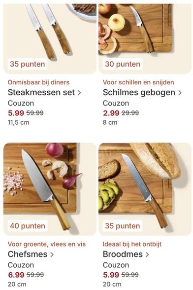 De verschillende messen die te koop zijn.
Steakmessen
Schilmesje
Chefsmes
Broodmes