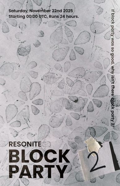 Resonite block party poster. November 22nd 2025.