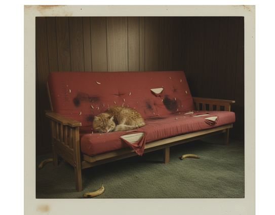 Cat on a nasty futon with bananas.