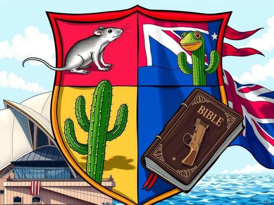 One hand holds the bible, the other holds the gun. Then there's the invasive species. (AI cartoon by me)