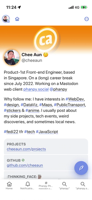 Demo of "QR code" feature, that shows a QR code that links to the profile URL, on Phanpy.