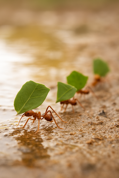 Close-up image of soldier ants carrying leaves and supplies across damp ground during the rainy season. The background is softly blurred with puddles and earthy tones, symbolizing persistence, instinctive intelligence, and nature’s intuitive order.