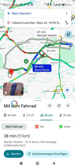 Screenshot googlmaps navi für Fahrradroute
Voraussichtliche Fahrzeit 38 Min
11km
