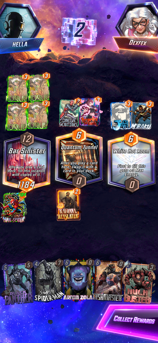 A screenshot of the mobile game Marvel Snap showing me winning the right location with a 1,184 powered Man-Spider card. 