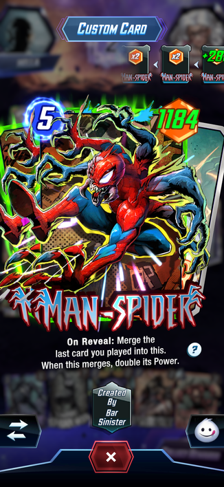 A screenshot of the mobile game Marvel Snap showing a 1,184 powered Man-Spider card. 