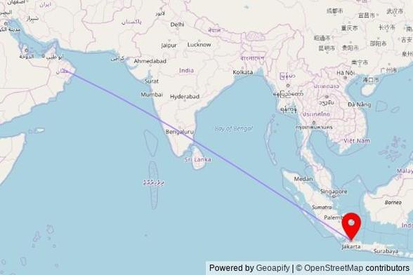 A map showing the great circle route from Ad Dakhiliyah Governorate in Oman to a map pin at Masjid Jami Al-Abror, Jalan Ceger Raya, South Tangerang 15221, Banten, Indonesia