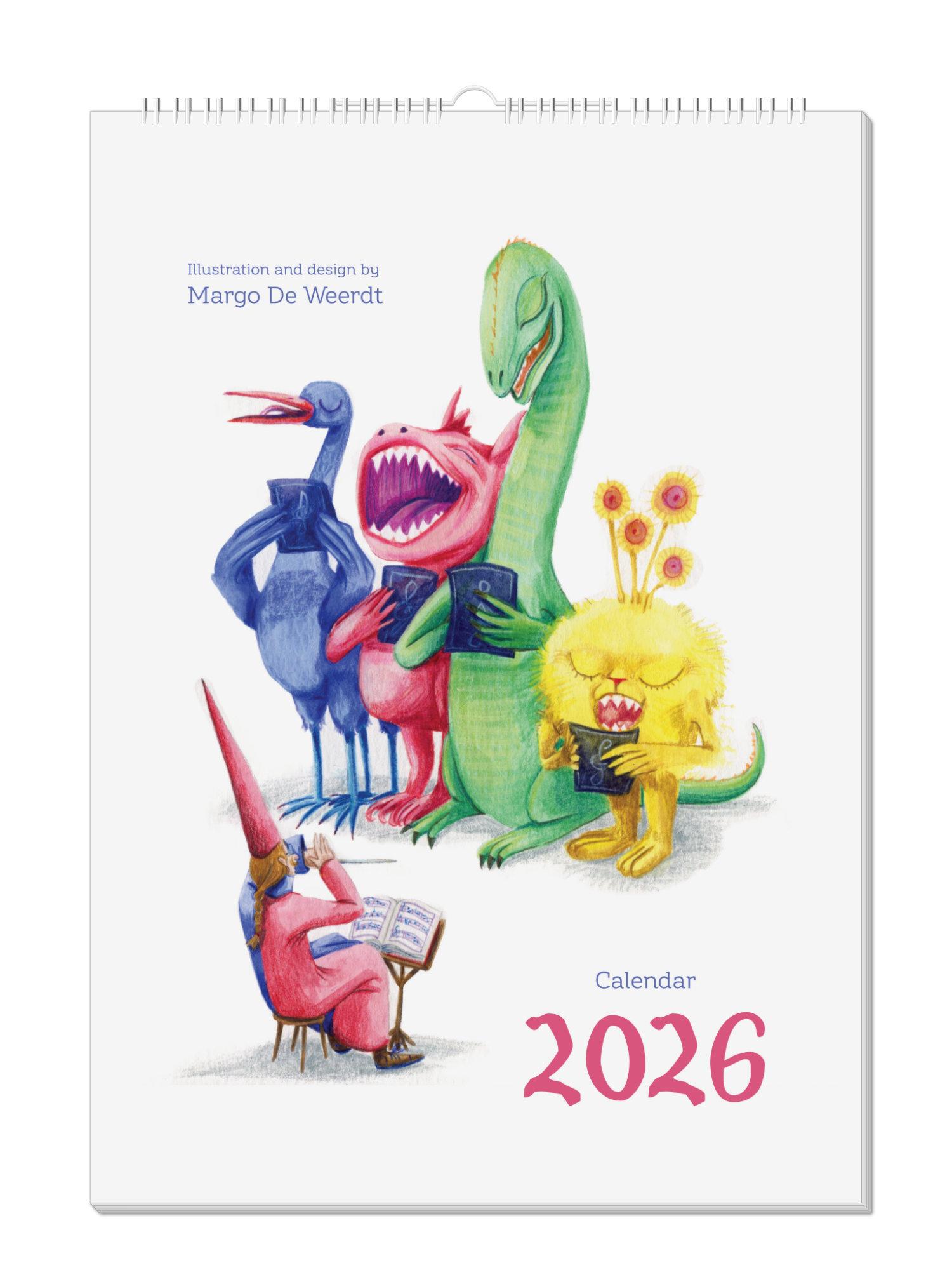 A mock-up photo of the cover design of the monster calendar 2026. It has the illustration of the monster choir I made in October, with 4 monsters signing and a wizard conducting them. The calendar's format is A4, portrait, bound with white, metal spirals and a hanger. 