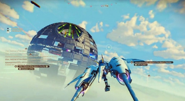 A video game spacecraft similar to one from Star Wars approaches something looks like a little Death Star,  little because it is halfway in a layer of clouds and there are cumulus clouds above it in the sky