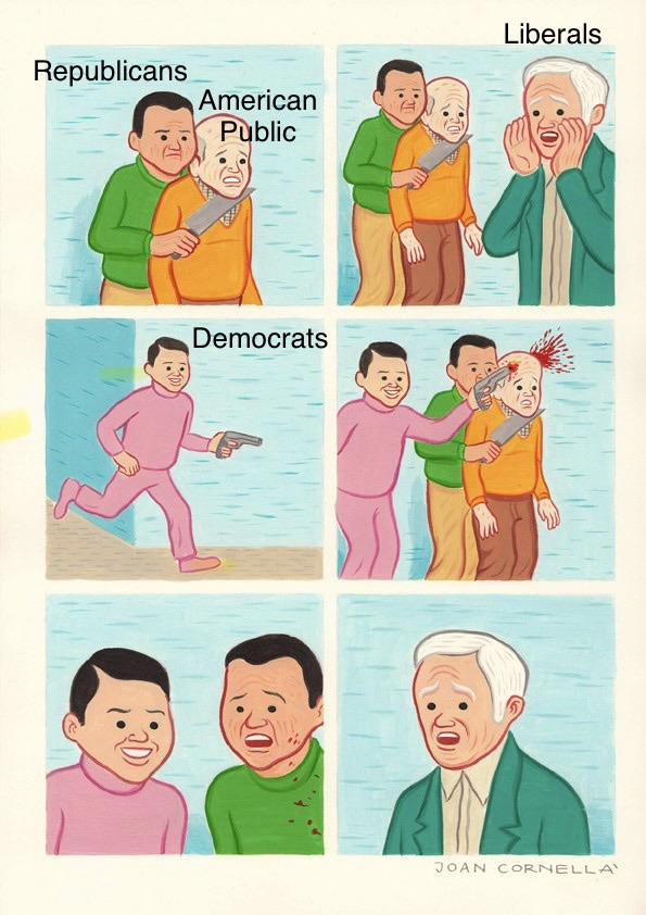 Six panel: 1: man (republicans) holding knife to other man's (American public) neck 2: third man yells for someone  3. Fourth man (democrats) runs into frame 4. Fourth man shorts second man in head.  5. First man looks stunned. Fourth man looks pleased  6. Second man looks stunned. 