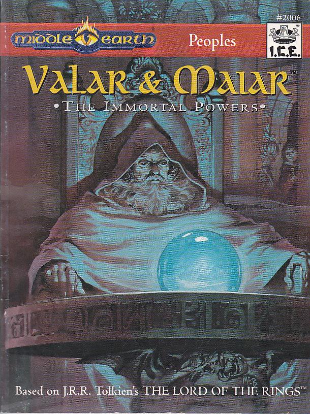illustrated book cover for Middle Earth Peoples: Valar & Maiar ("the Immortal Powers"), "Based on JRR Tolkein's The Lord of the Rings", by I.C.E. publishing. illustration is the well-known "pondering my orb" fantasy painting of a white bearded wizard figure gazing into a glowing blue orb on the table in front of him.