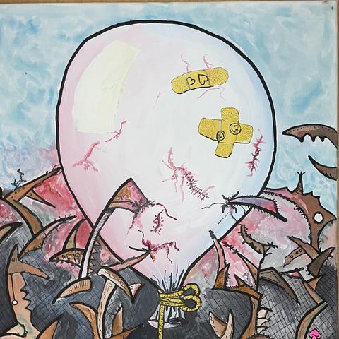 the picture shows an air balloon rising up while being stabbed by rusty knives. it is a metapher for fighting a chronicalillness despite all circumstances.