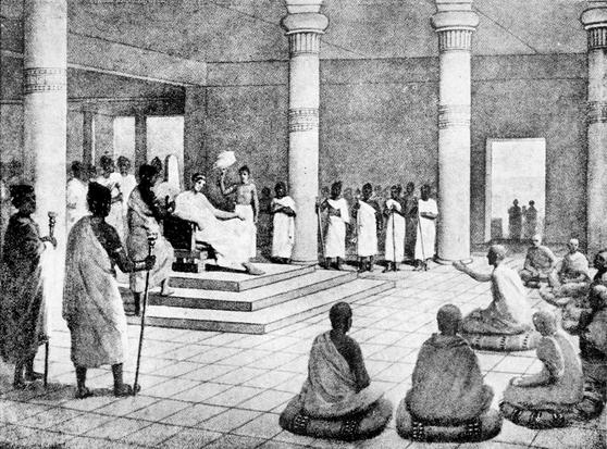 King Milinda ask questions. From Hutchinson’s story of the nations, 1920. Source: Wikimedia Commonsꜛ (license: public domain)