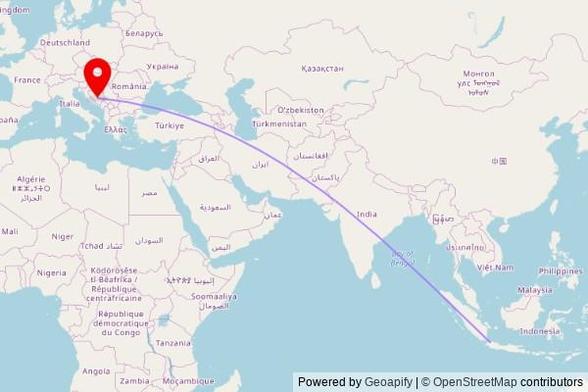 A map showing the great circle route from South Tangerang in Indonesia to a map pin at Atik džamija, Hadrovići, 71270 Fojnica, Bosnia and Herzegovina