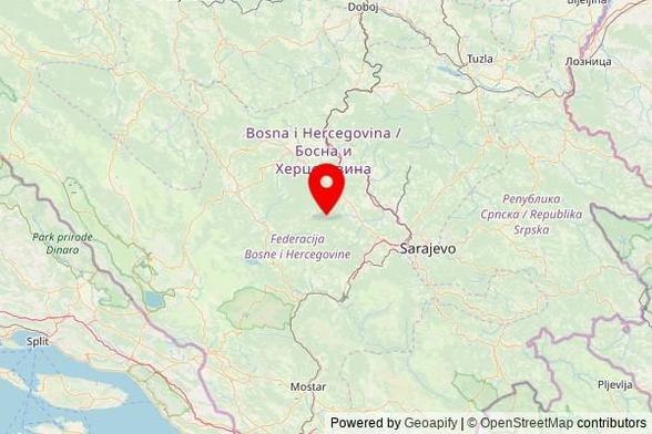 A map showing the area of Fojnica with a pin at the position of Atik džamija, Hadrovići, 71270 Fojnica, Bosnia and Herzegovina