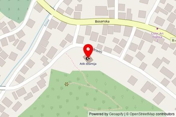 A zoomed out map with a pin at the position of Atik džamija, Hadrovići, 71270 Fojnica, Bosnia and Herzegovina