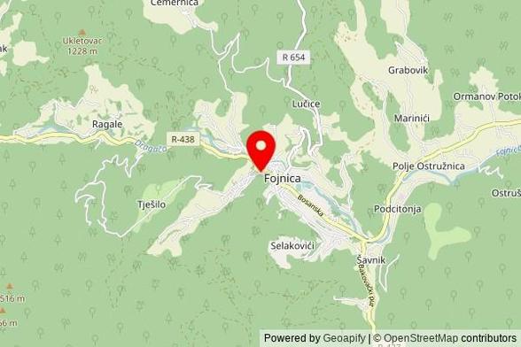 A partially zoomed out map with a pin at the position of Atik džamija, Hadrovići, 71270 Fojnica, Bosnia and Herzegovina