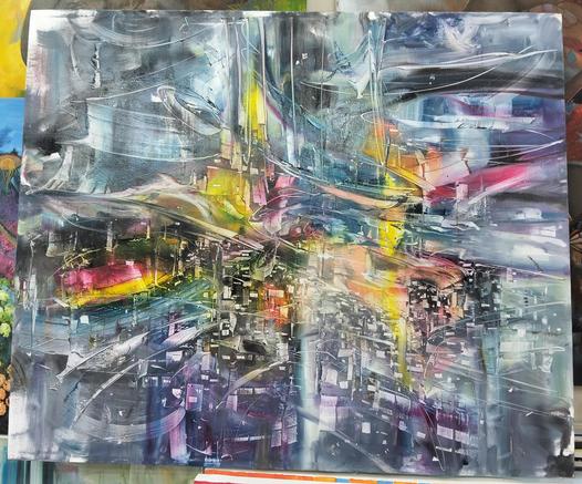 a painting, it is a vague image of a cloudy cityscape, large sweeping paths of energy running through it, it is grey with lots of bright blues and reds and yellows 