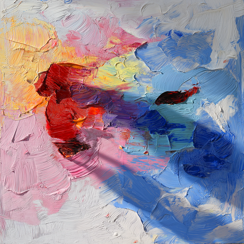 This one feels like pure motion—color poured and swept across the canvas in thick, confident strokes. Warm reds and yellows collide with cool blues and whites, creating a sense of rising energy at the center, almost like a burst of light or heat emerging from the middle of a storm of paint. The heavy impasto gives every area a sculpted texture, catching shadows and making the surface feel alive and shifting. There are no clear figures—just emotion made visible through color and movement.