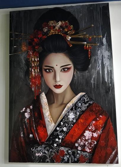 a painting of a woman in northeast asian dress, red and black and white with white floral embellishments on it, her hair pinned up with ornaments hanging from it, a grey background with running white and black colors , she is seen from her torso up 