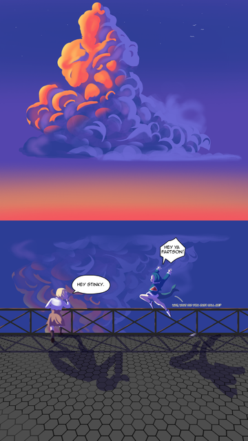 Amelia Watson and Gawr Gura meeting under a sunset cloud