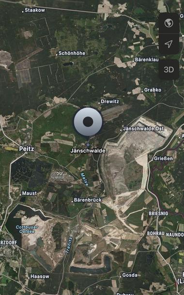 A satellite view of the area around Jänschwalde, showing geography, roads, and nearby towns such as Peitz and Drewitz. The map features a pin marking Jänschwalde.