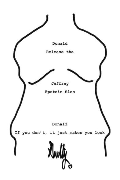 The image shows Trump's body outline, similar to the Epstein birthday card.  The images says, "Donald Release the Jeffrey Epstein files.  Donald if you don't, it just makes you look guilty.". 