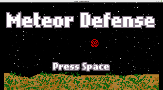 Title screen for a retro style arcade game. Title reads "Meteor Defense". The title sits in front of a starry background with an open field below. 