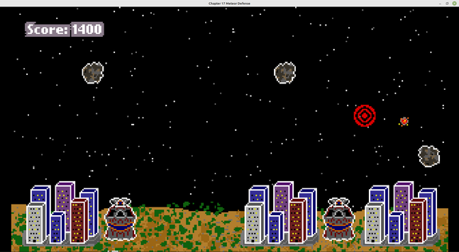 Gameplay screenshot for Meteor Defense, a retro style arcade game. The game features a targeting device to shoot missiles at meteors. At the bottom of the scene are several cities the player must protect.