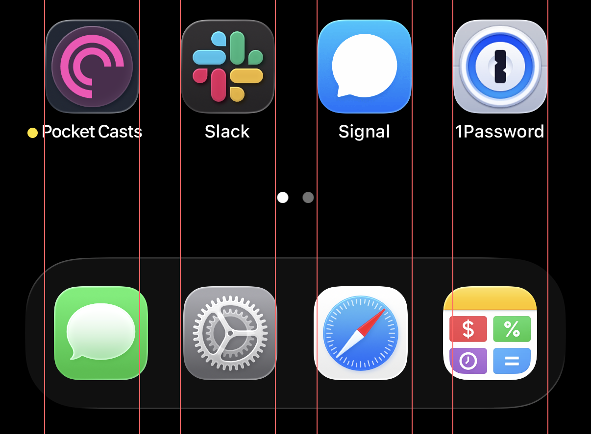 A screenshot of the iOS springboard with vertical lines showing the icons in the grid not aligning with the icons in the dock.