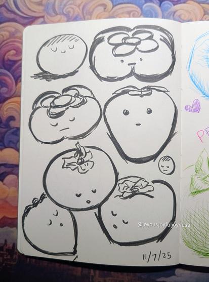 Sketches of cute cartoonish persimmons with faces in black ink. Bottom right of the page is the date 11/7/25.
