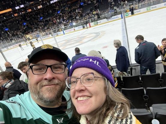 Corinna and I in front of the Bruins ice after a win