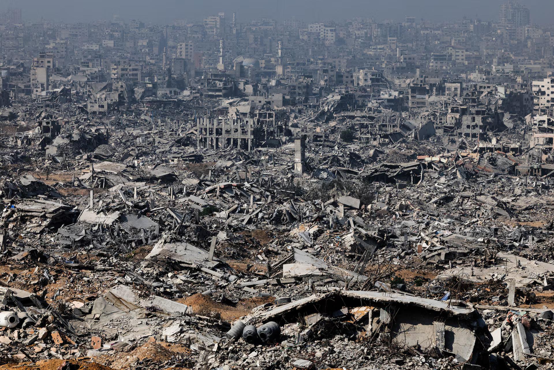 Destroyed buildings as seen from an Israeli military outpost within the borders of the 'yellow line' in the Shujaiya neighborhood in the eastern part of Gaza City in the Gaza Strip, November 5. REUTERS/Nir Elias
