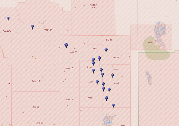 Kartierung aller Koordinaten von "Operation Phalanx (Atomtest)" im Testgebiet Nevada (Nevada National Security Site, NNSS)
Quelle: OpenStreetMap
Lizenz: Open Data Commons Open Database-Lizenz (ODbL)