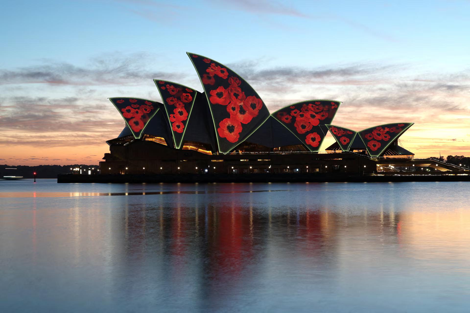 Red Flanders poppies are projected onto Sydney Opera House on Remembrance Day in Sydney.