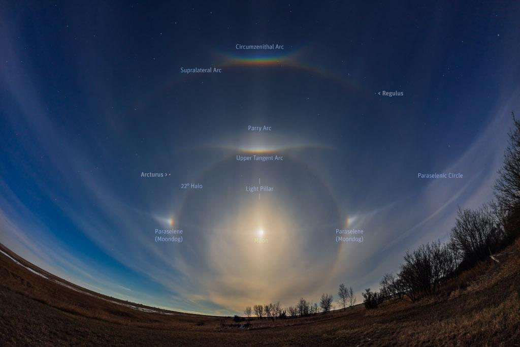 While the colors of the arcs and moondogs or paraselenae were just visible to the unaided eye, a blend of exposures ranging from 30 seconds to 1/20 second was used to render this moonlit wide-angle skyscape. The Big Dipper at the top of the frame sits just above a smiling and rainbow-hued circumzenithal arc. With Arcturus left and Regulus toward the right the Moon is centered in its often spotted 22 degree halo.
Image Credit & Copyright: Alan Dyer, Amazingsky.com, TWAN