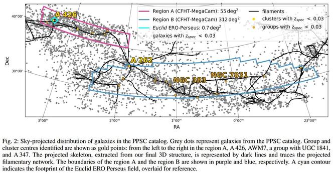 This is Figure 2 of paper, featuring a sky-projected distribution of galaxies in the PPSC (Perseus-Pisces Supercluster) catalog. Grey dots represent galaxies from the PPSC catalog. Group and cluster centres identified are shown as gold points: from the left to the right in the region A, A 426, AWM7, a group with UGC 1841, and A 347. The projected skeleton, extracted from the final 3D structure, is represented by dark lines and traces the projected filamentary network. The boundaries of the region A and the region B are shown in purple and blue, respectively. A cyan contour indicates the footprint of the Euclid ERO Perseus field, overlaid for reference.