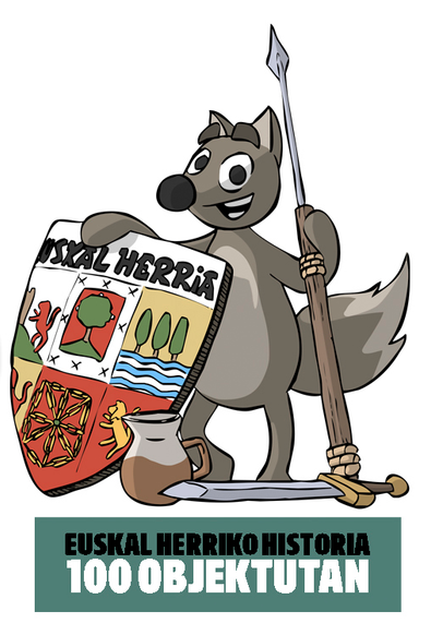 Testuan "Euskal Herriko historia 100 objektutan proiektuaren goiburua" jartzen dau. Testuaren gainean, Otsoa agertzen da Euskal Herriko armarriagaz.