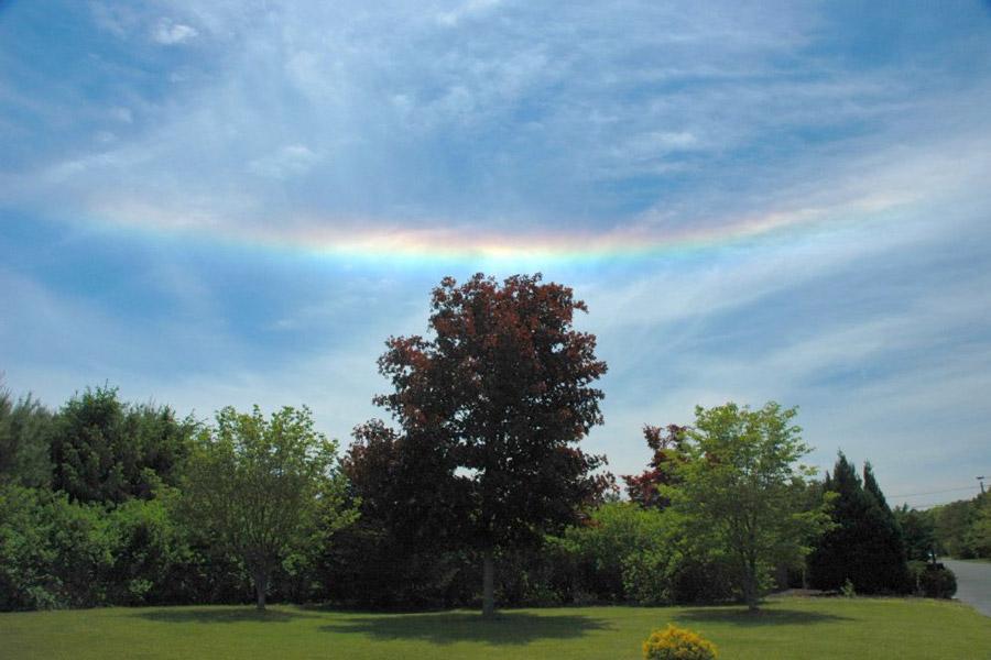 Furthermore, the numerous, flat, hexagonal ice-crystals that compose the cirrus cloud must be aligned horizontally to properly refract sunlight like a single gigantic prism. Therefore, circumhorizon arcs are quite unusual to see. Pictured above, however, a rare fire rainbow was captured above trees in Whiting, New Jersey, USA in late May.