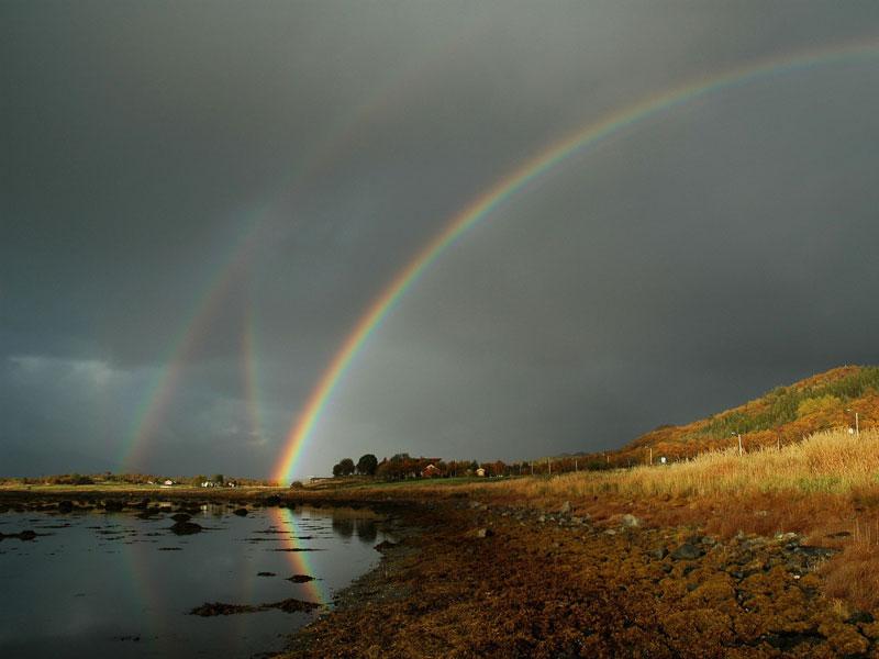 Multiple internal reflections inside water droplets sometimes make a secondary rainbow to become visible outside the first, with colors reversed. Just such a secondary rainbow is visible of the far left. Harder to explain is the intermediate rainbow, between the two. This rainbow is likely caused by sunlight that has first reflected off the lake before striking the distant raindrops that is reflecting sunlight back toward the observer. Each of these rainbows appears to be reflected by the calm lake, although because the positions of rainbows depend on the location of the observer, a slightly displaced image of each rainbow is actually being imaged.