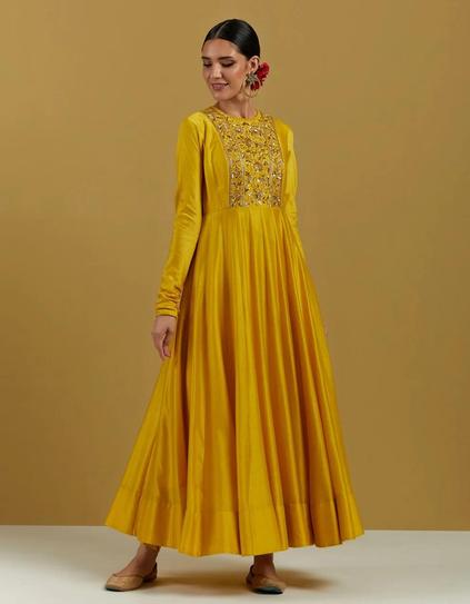 Yellow Hand Embroidered Floor Length Anarkali Suit